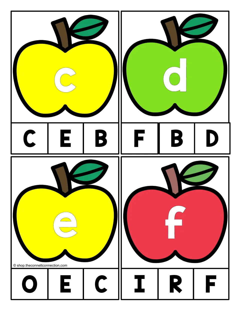 Alphabet clip cards 29–32: lowercase c, d, e, and f on apples, each matched to one of three capital letters.