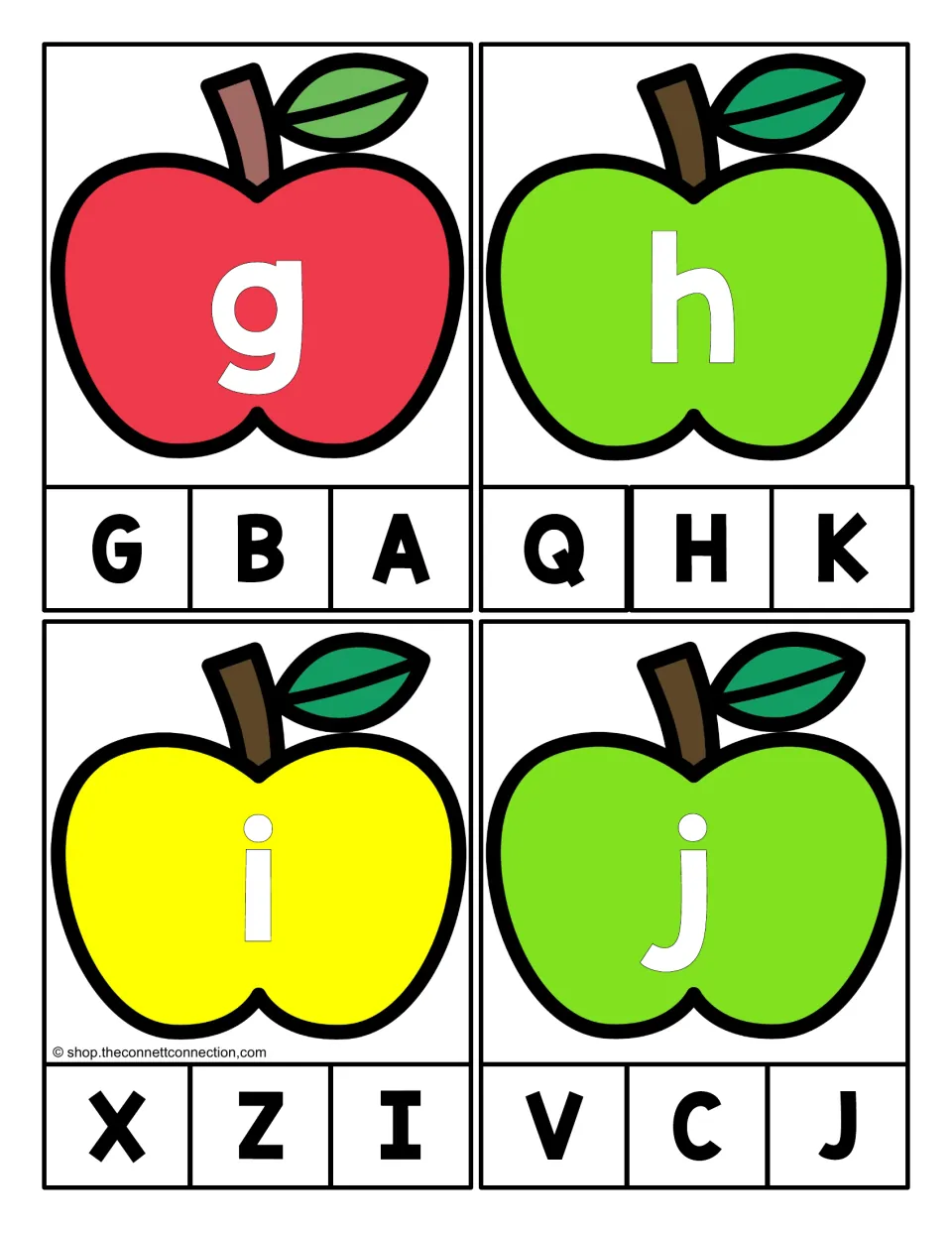 Alphabet clip cards 33–36: lowercase g, h, i, and j on apples, each matched to one of three capital letters.