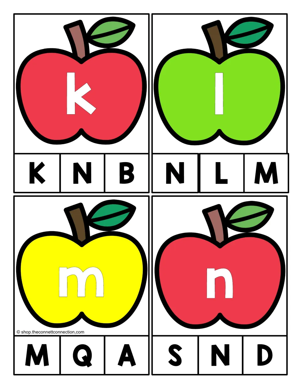 Alphabet clip cards 37–40: lowercase k, l, m, and n on apples, each matched to one of three capital letters.