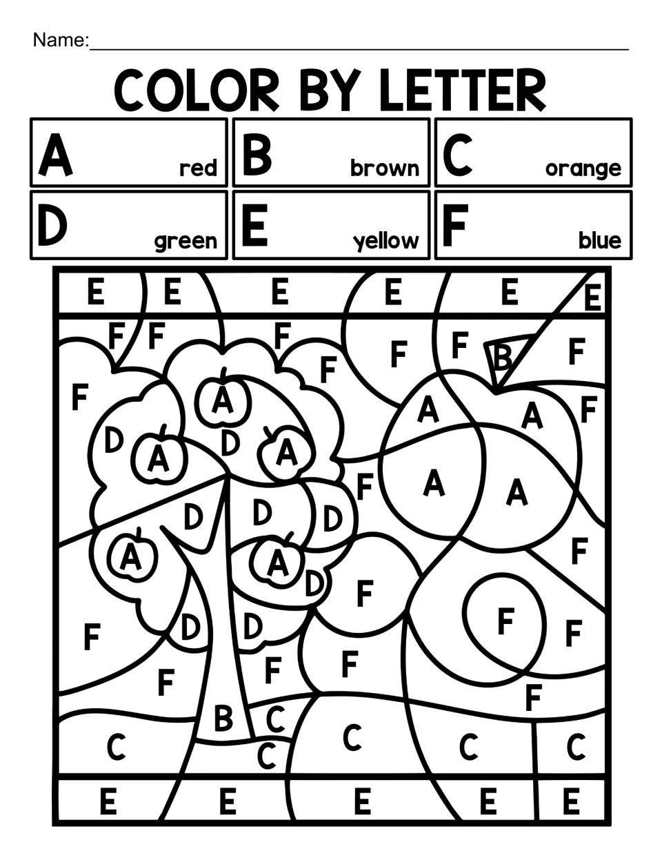 Color by letter A to F: students match capital letters to a color key to reveal an apple tree beside a large apple