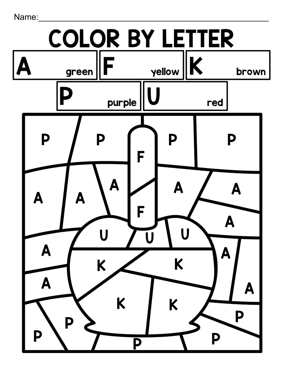 Mixed letter review A, F, K, P and U: students color each capital letter space to reveal a caramel apple on a stick