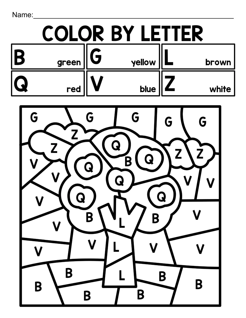 Mixed letter review B, G, L, Q, V and Z: students color by the key to reveal an apple tree between two clouds