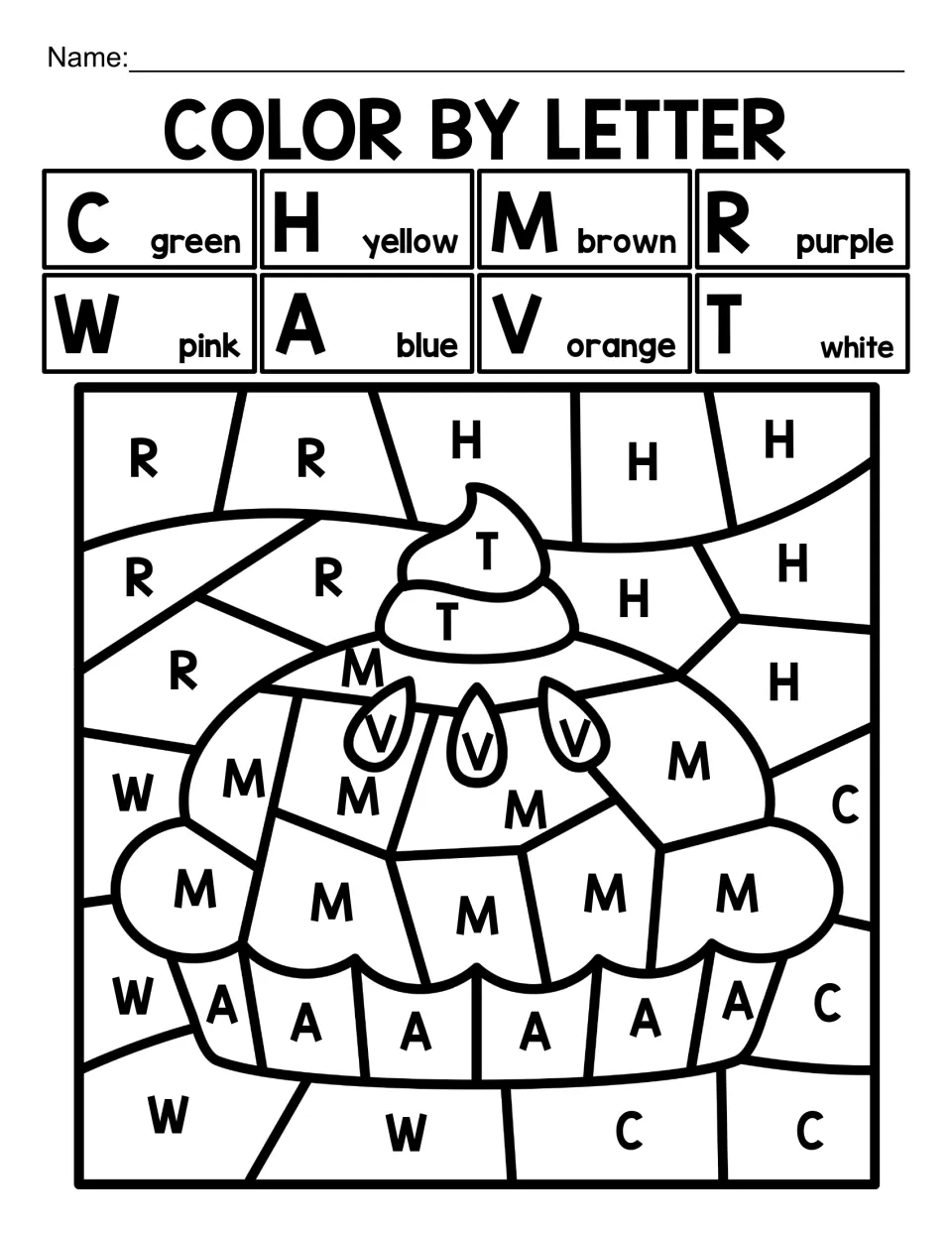 Mixed letter review of eight capitals C, H, M, R, W, A, V and T: students color by letter to reveal an apple pie