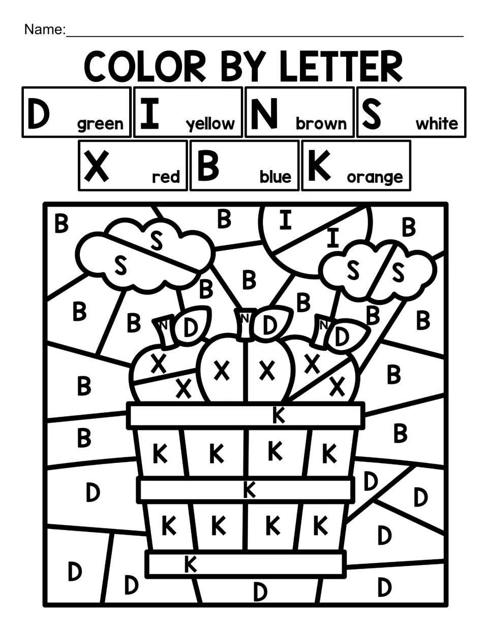 Mixed letter review D, I, N, S, X, B and K: students color each letter space to reveal a bushel basket of apples