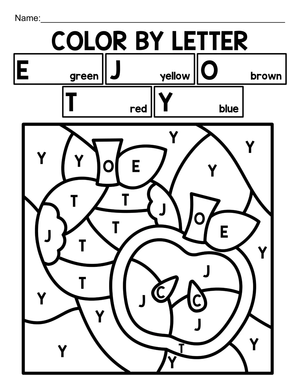 Mixed letter review E, J, O, T and Y: students color by letter to reveal a whole apple next to a cut apple half