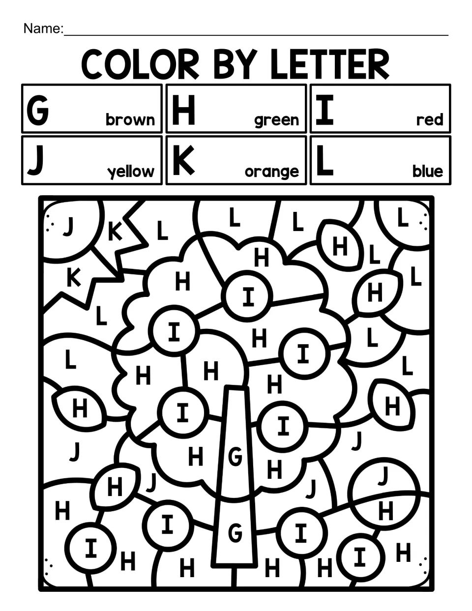 Color by letter, uppercase G to L: students color a tree with I-labeled red apples, leaves and sky using the color key