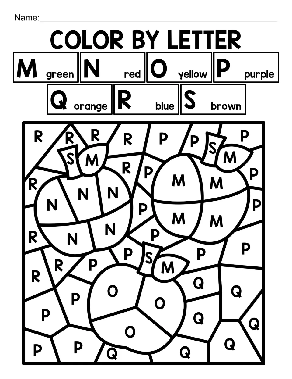Color by letter, uppercase M to S: students color three apples with stems and leaves by matching letters to seven colors