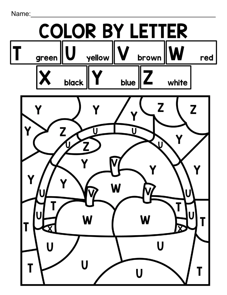 Color by letter, uppercase T to Z: students color a basket of three apples under clouds, with black X and white Z