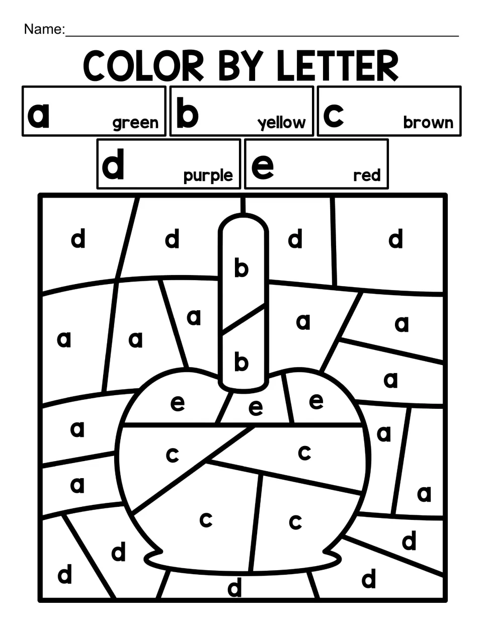 Lowercase a to e color by letter: students color a caramel apple on a stick by matching five letters to colors