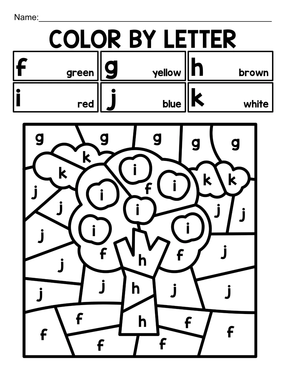Lowercase f to k color by letter: students color an apple tree with i red apples, k white clouds and j blue sky