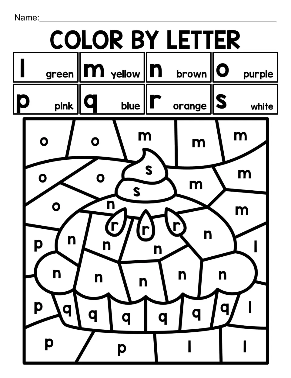 Lowercase l to s color by letter: students color an apple dessert with a white topping and orange apple slices