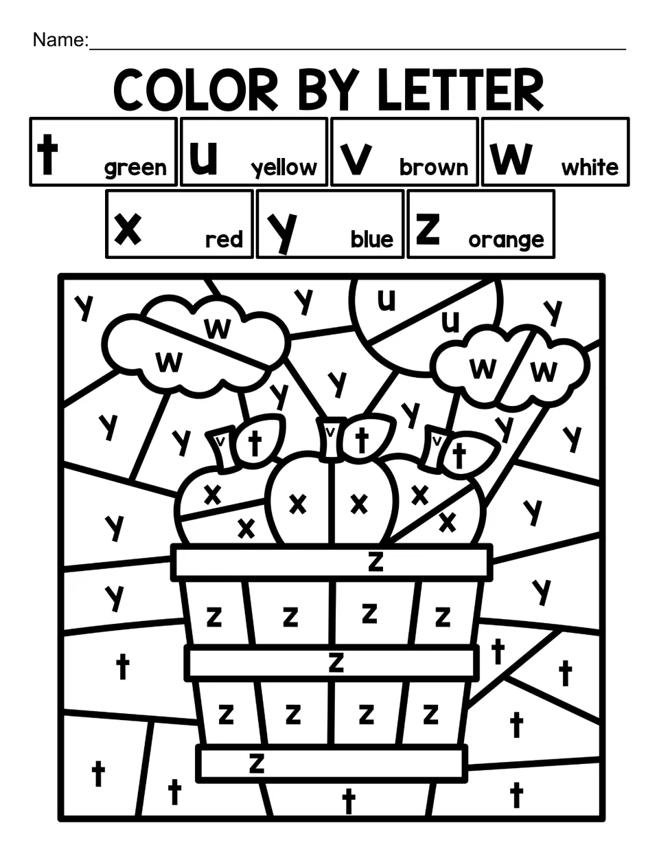 Lowercase t to z color by letter: students color red x apples in an orange z bushel basket beside white clouds and a sun