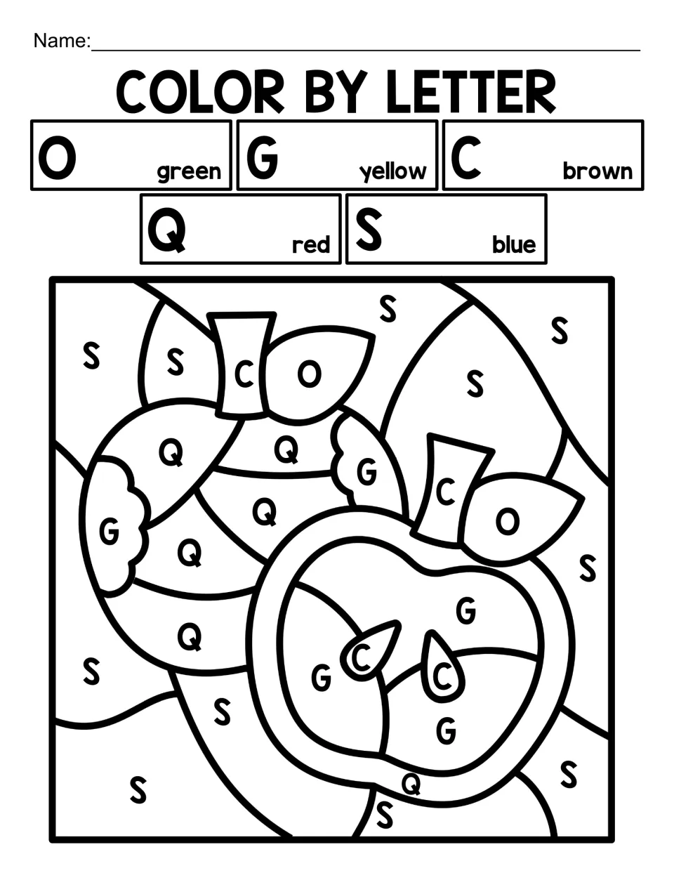 Look-alike capitals O, G, C, Q and S: students tell similar round letters apart to color a whole apple and an apple half