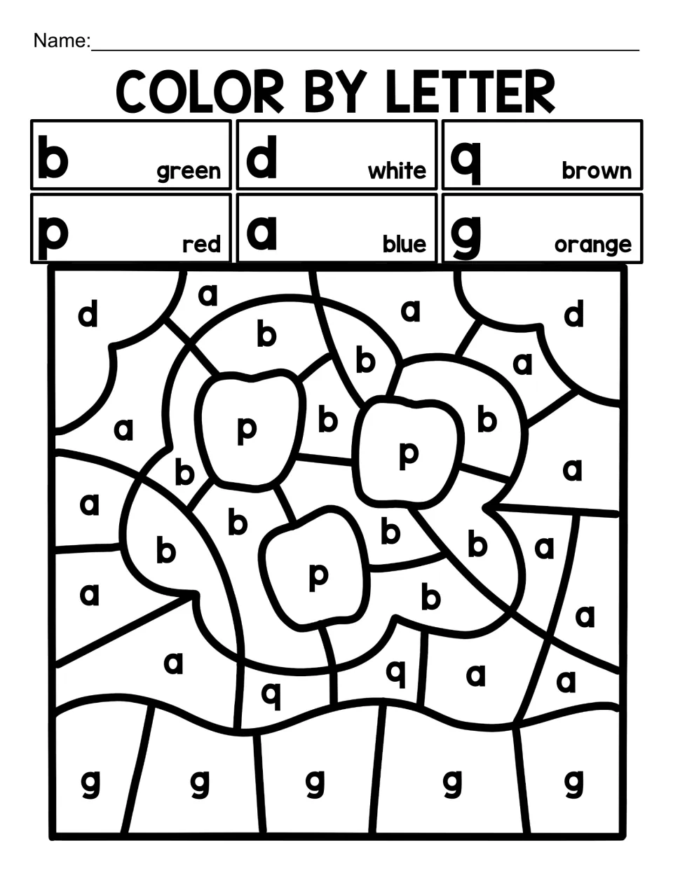Easily confused b, d, q, p, a and g: students sort look-alike lowercase letters to color three red p apples