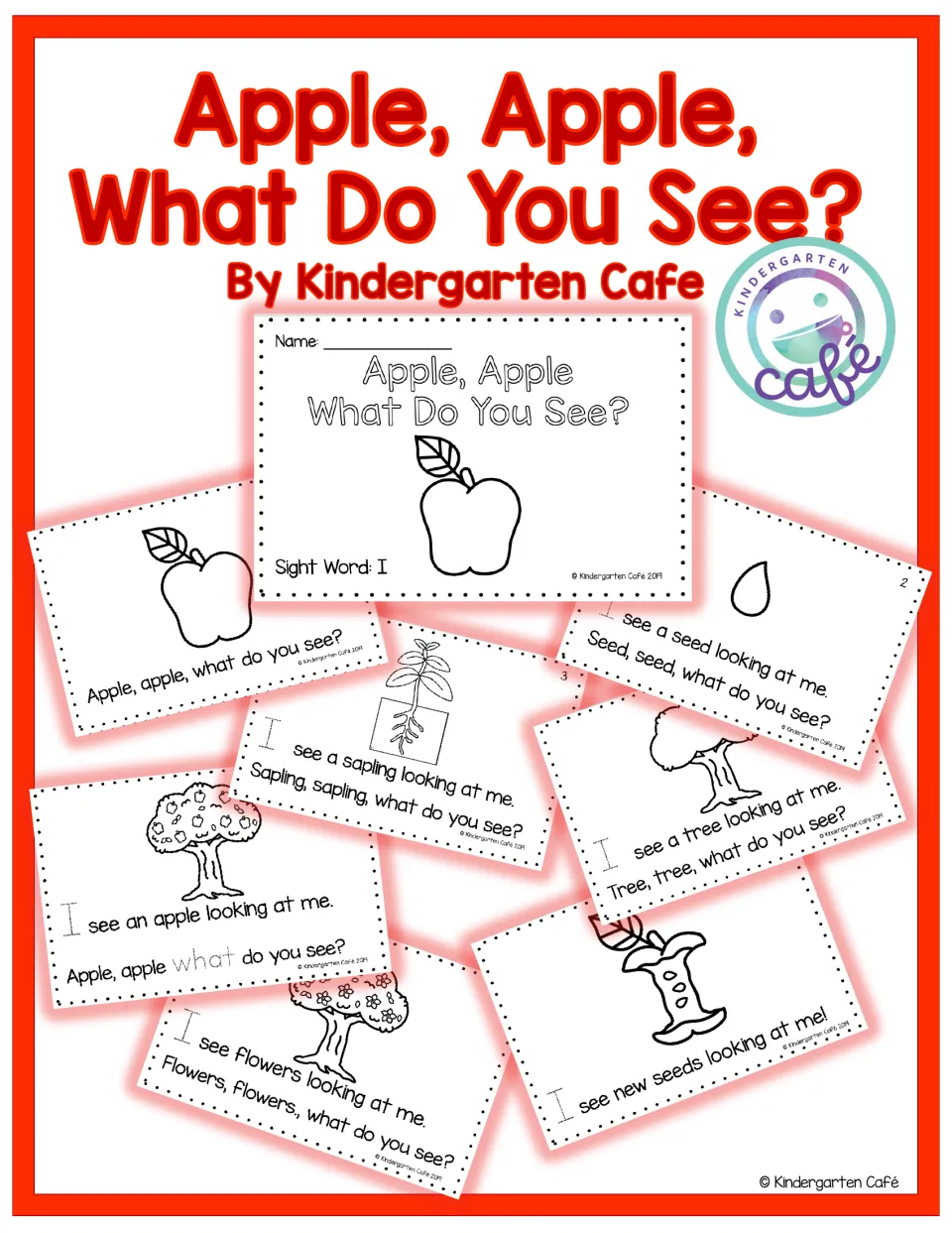 Preview of the apple life cycle reader showing its cover and sample pages about seeds, saplings, and trees