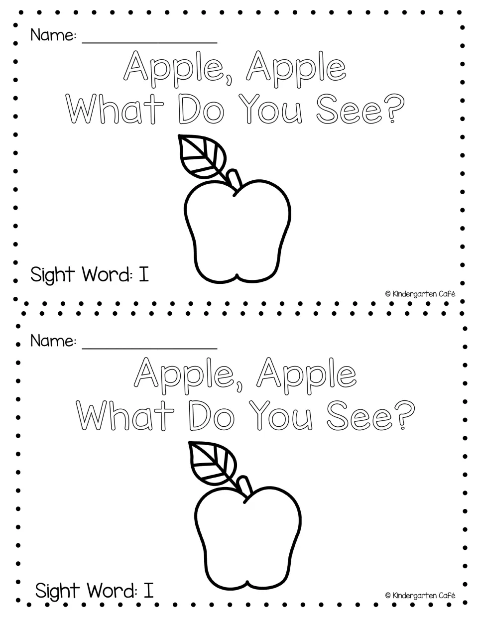 Mini book cover printed twice, featuring an apple to color, a name space, and the label 'Sight Word: I'