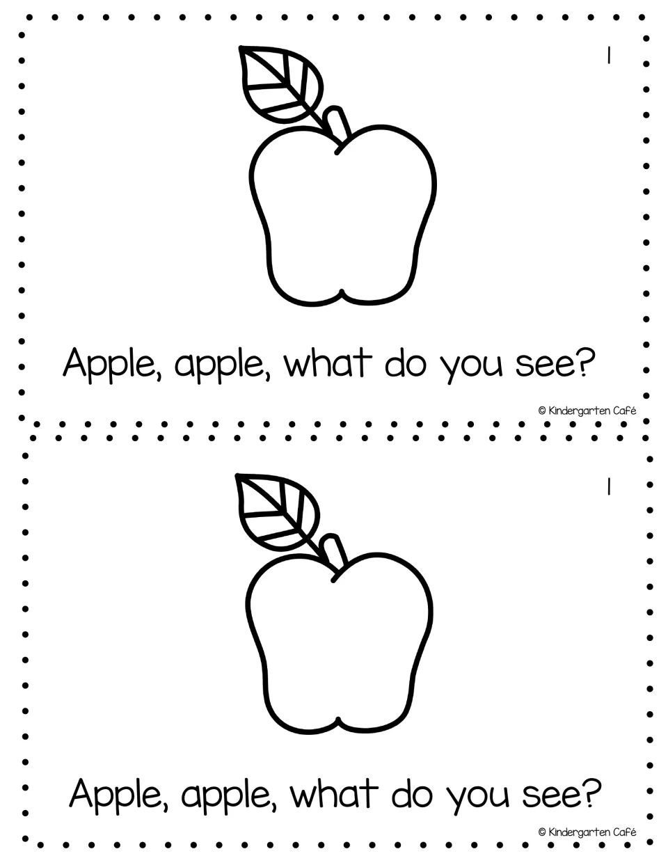 Mini book page 1 printed twice: an apple illustration and the question 'Apple, apple, what do you see?'