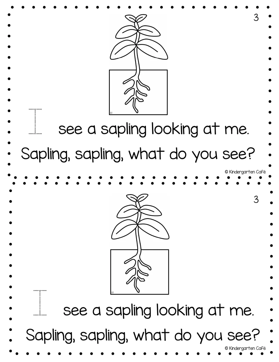 Mini book page 3 printed twice: 'I see a sapling looking at me,' a sapling picture, and a traceable 'I'