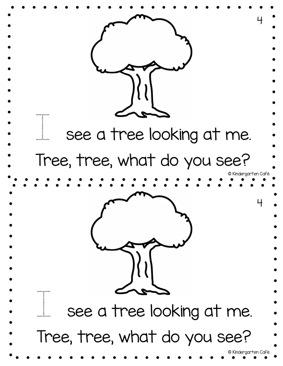 Mini book page 4 printed twice: 'I see a tree looking at me,' a tree illustration, and a traceable 'I'