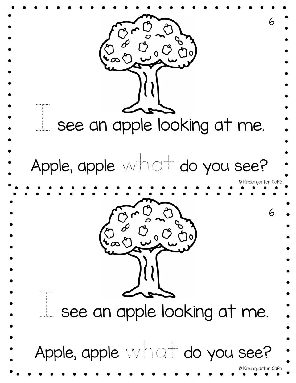 Mini book page 6 printed twice: 'I see an apple looking at me,' an apple tree, and traceable 'I' and 'what'