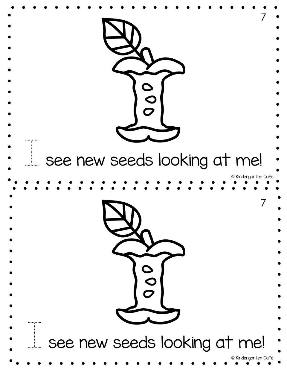 Mini book page 7 printed twice: 'I see new seeds looking at me!' with an apple core and a traceable 'I'