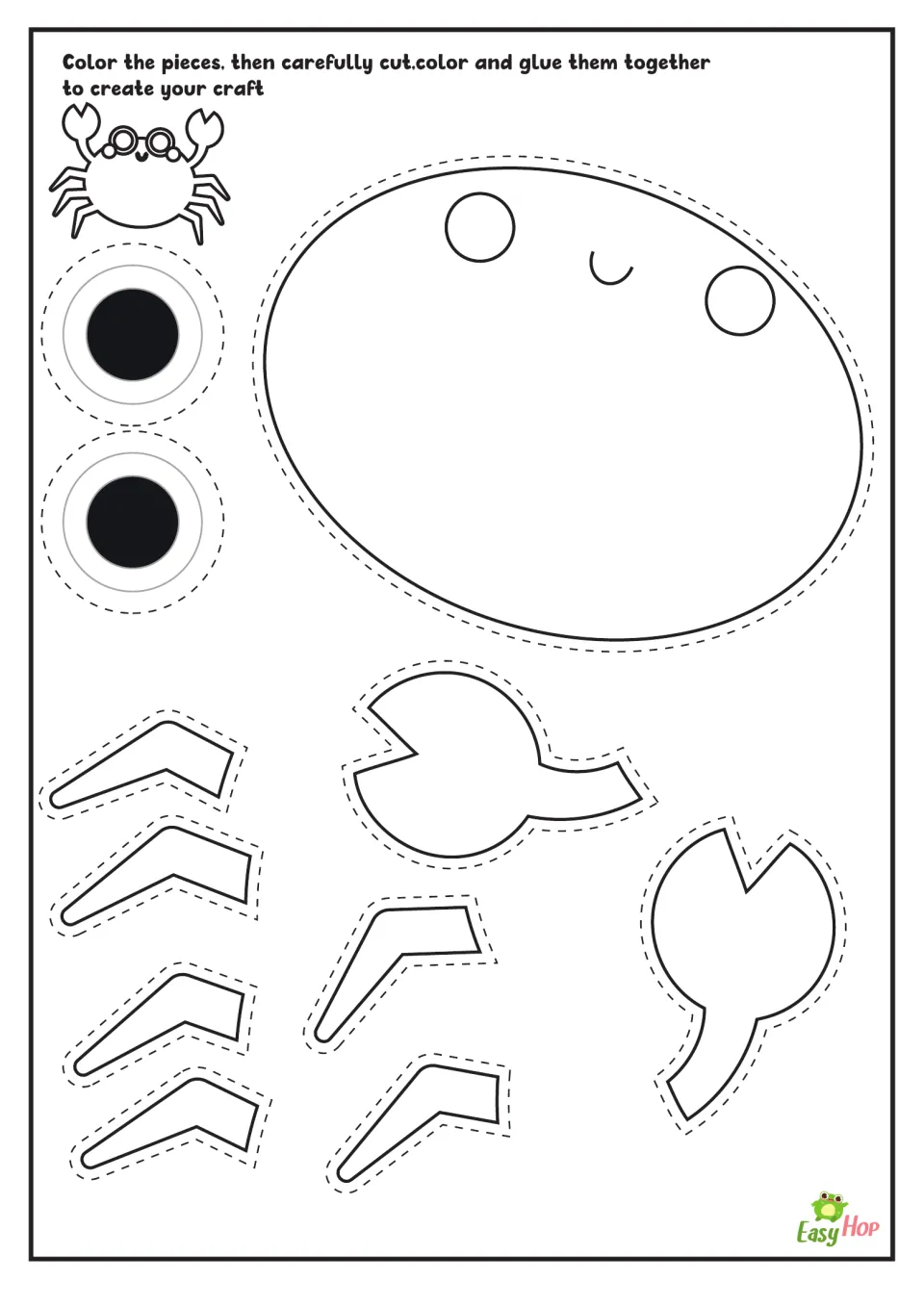 Crab craft in black and white: students color, cut and glue an oval body, two eyes, two claws and six legs