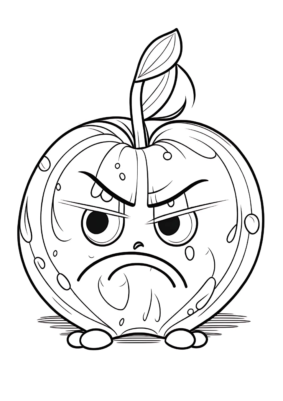 Apple coloring sheet featuring a frowning apple character with sharply angled eyebrows, a tall stem, and leaves