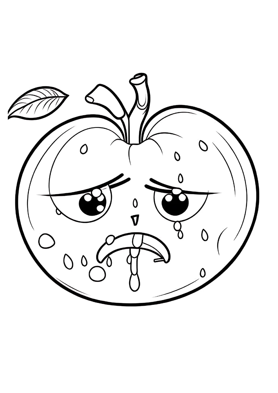 Apple coloring sheet featuring a sad apple character with drooping eyelids, a downturned mouth, and droplets