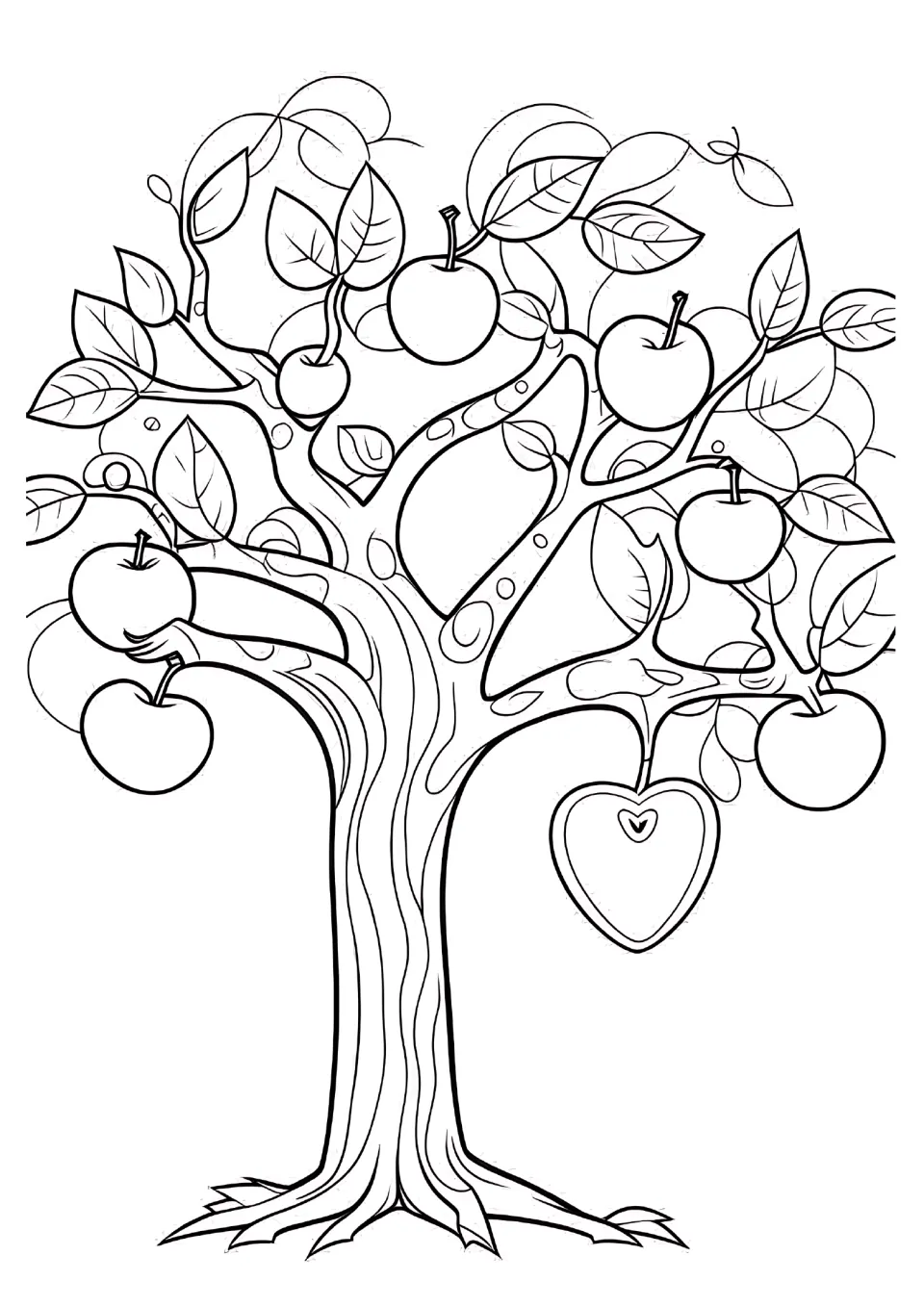 Apple tree coloring sheet featuring a branching trunk, leafy branches, whole apples, and a hanging apple half