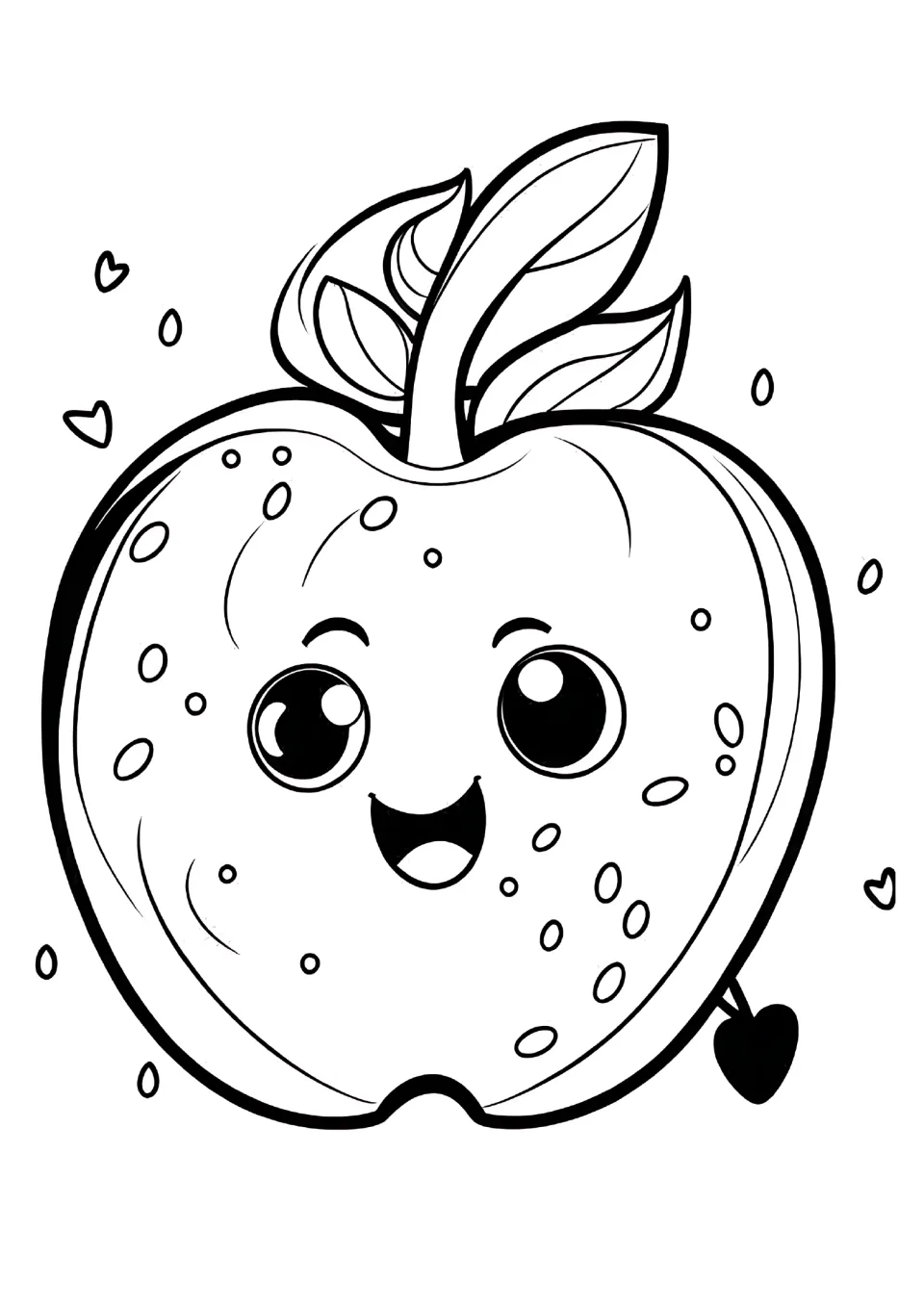 Apple coloring sheet featuring a cheerful apple character with large round eyes, an open smile, and leafy stem