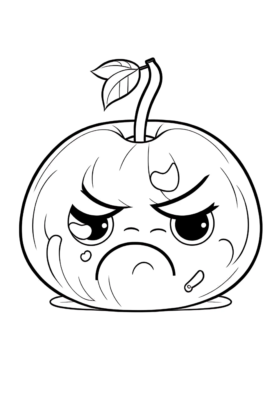 Apple coloring sheet featuring a scowling apple character with lowered eyebrows, a deep frown, and two leaves