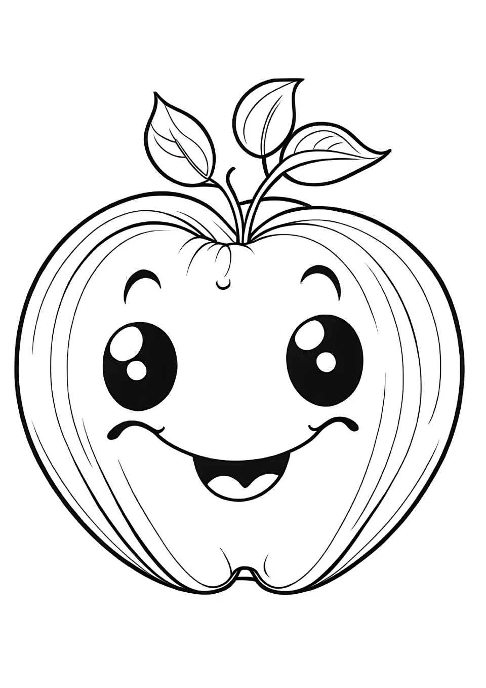 Apple coloring sheet featuring a smiling apple character with large oval eyes and three leaves above its stem