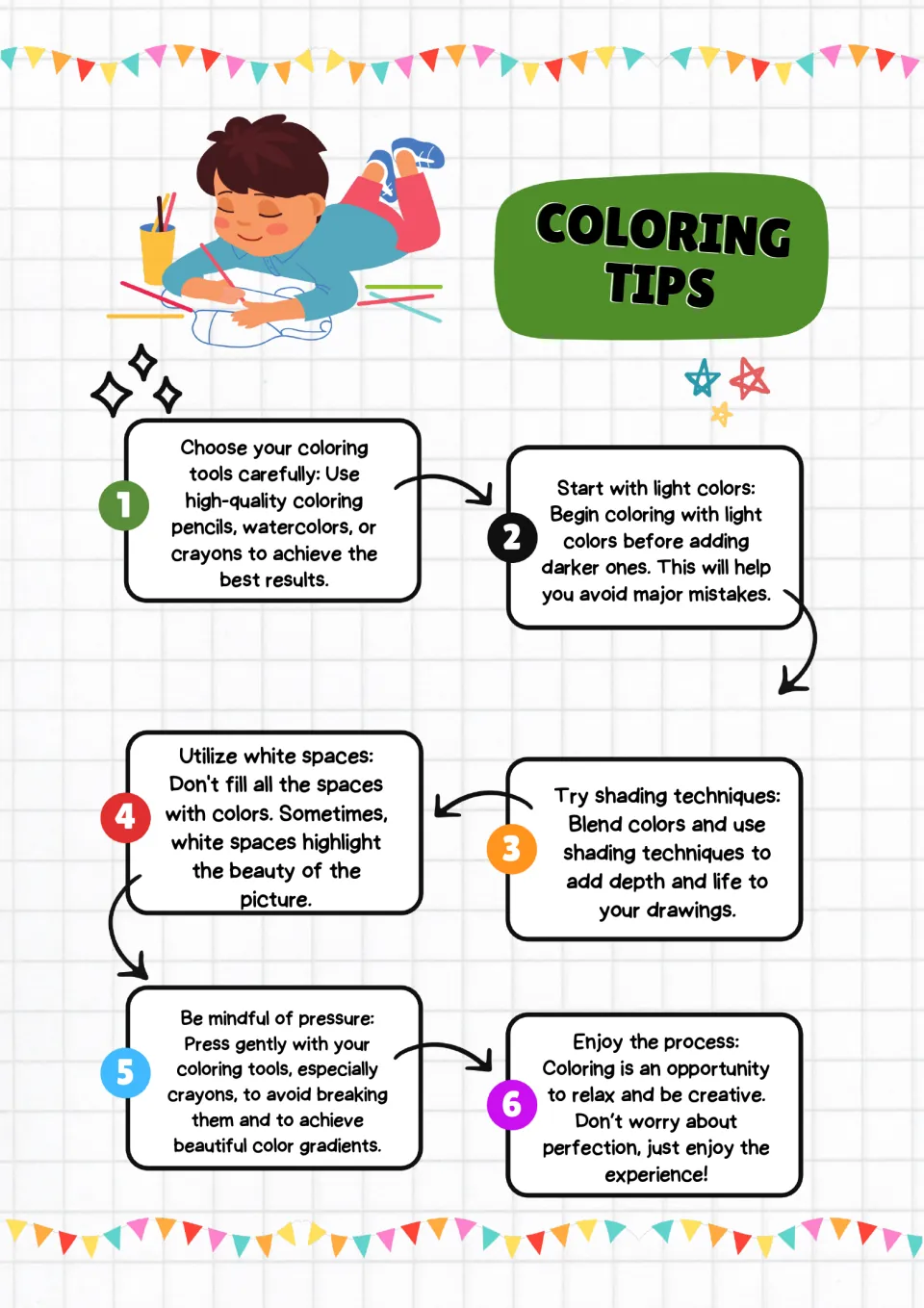 Coloring tips for the apple sheets: choosing tools, light colors, shading, white spaces, gentle pressure, and fun
