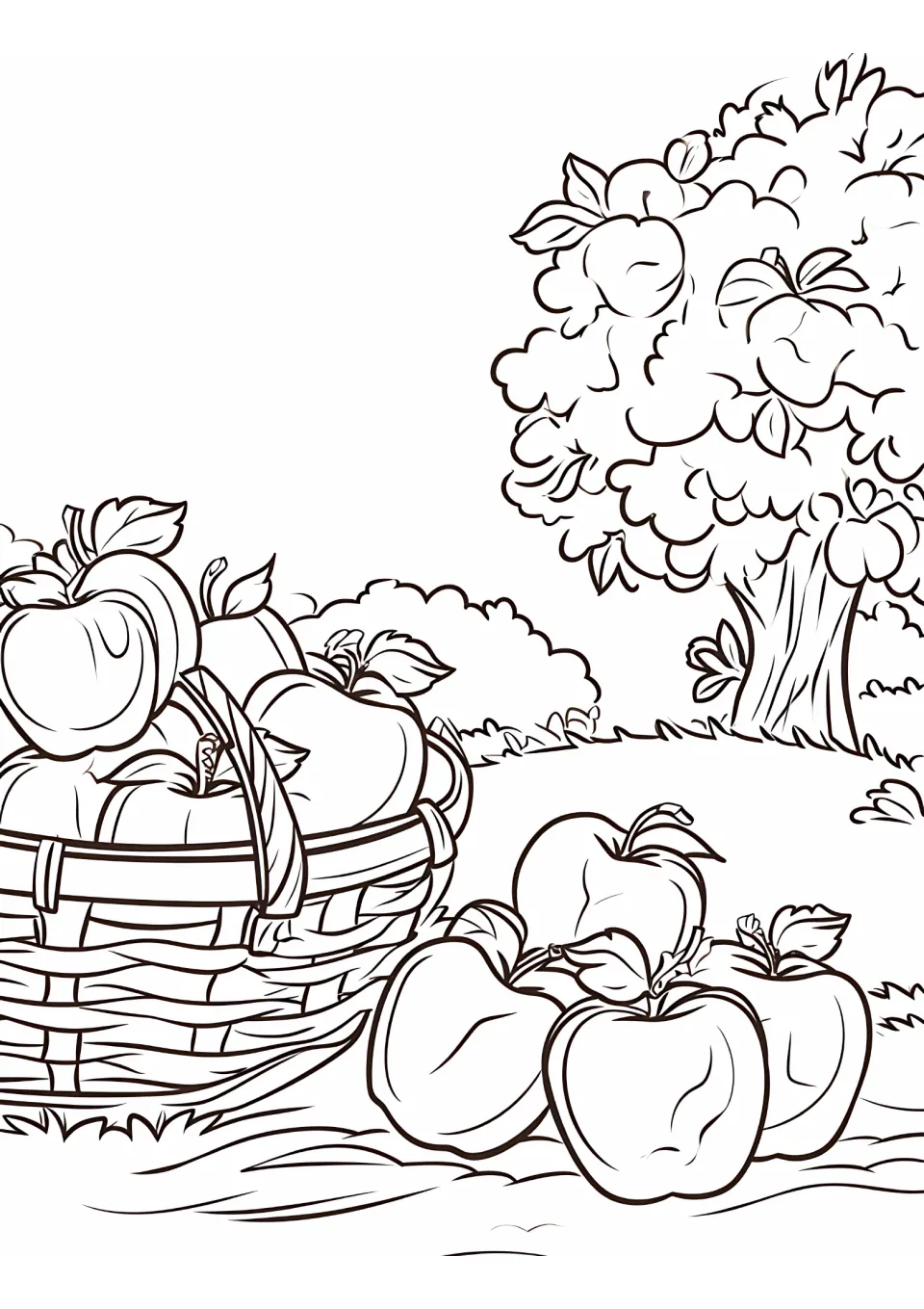 Apple coloring sheet showing a woven basket full of apples, loose apples in front, and a fruit-bearing tree