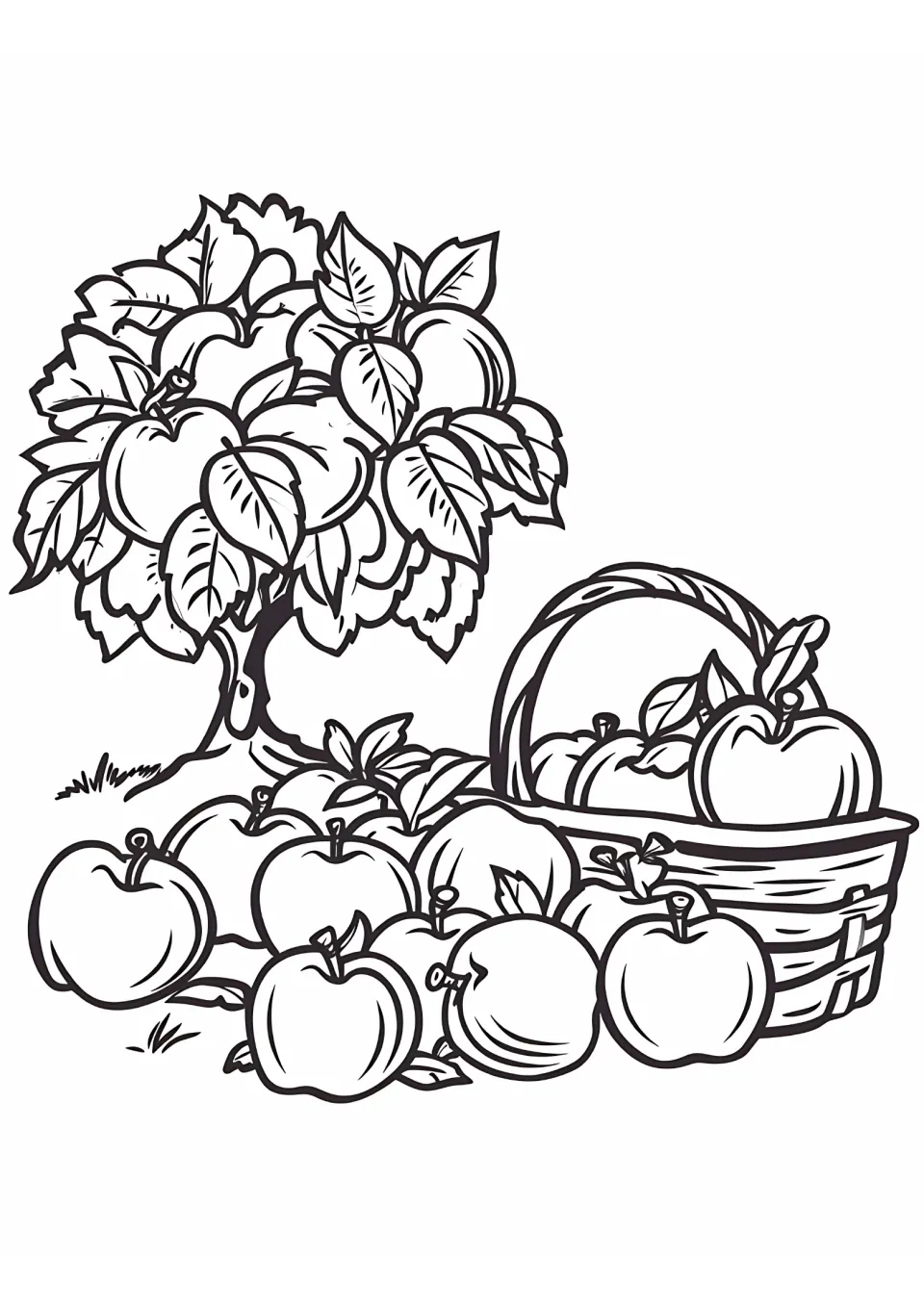 Apple coloring sheet featuring a small fruit-bearing tree, a handled basket, and a cluster of loose apples