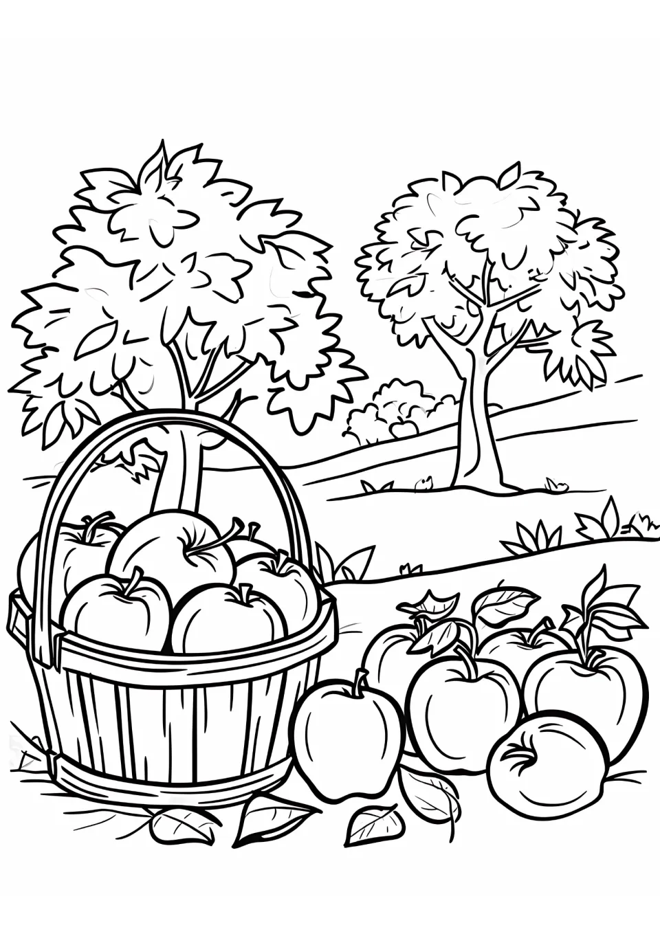 Apple coloring sheet showing a tall handled basket, loose apples and fallen leaves, with two trees behind
