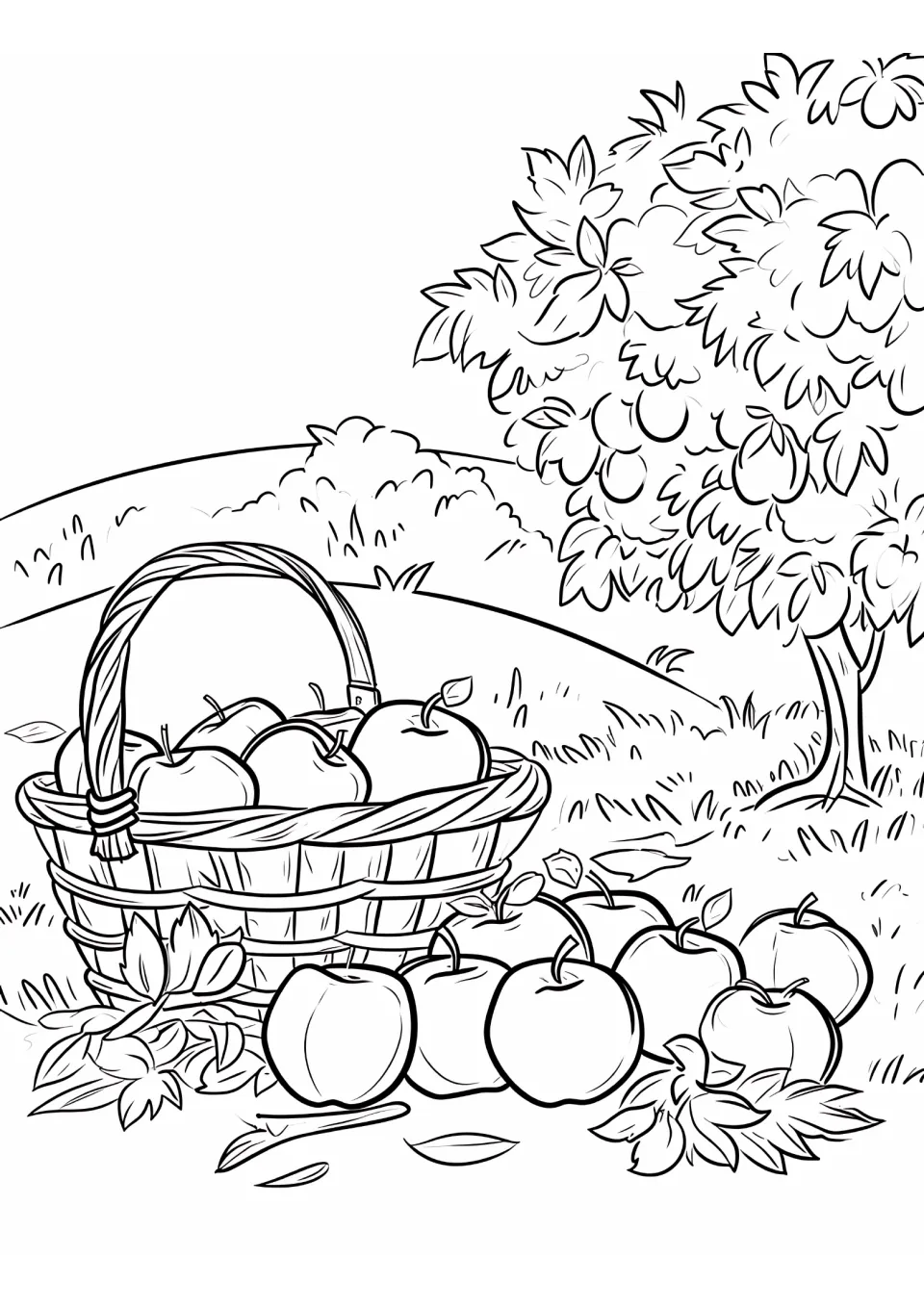 Apple coloring sheet featuring a woven basket, apples scattered among leaves, and an apple tree on a hillside