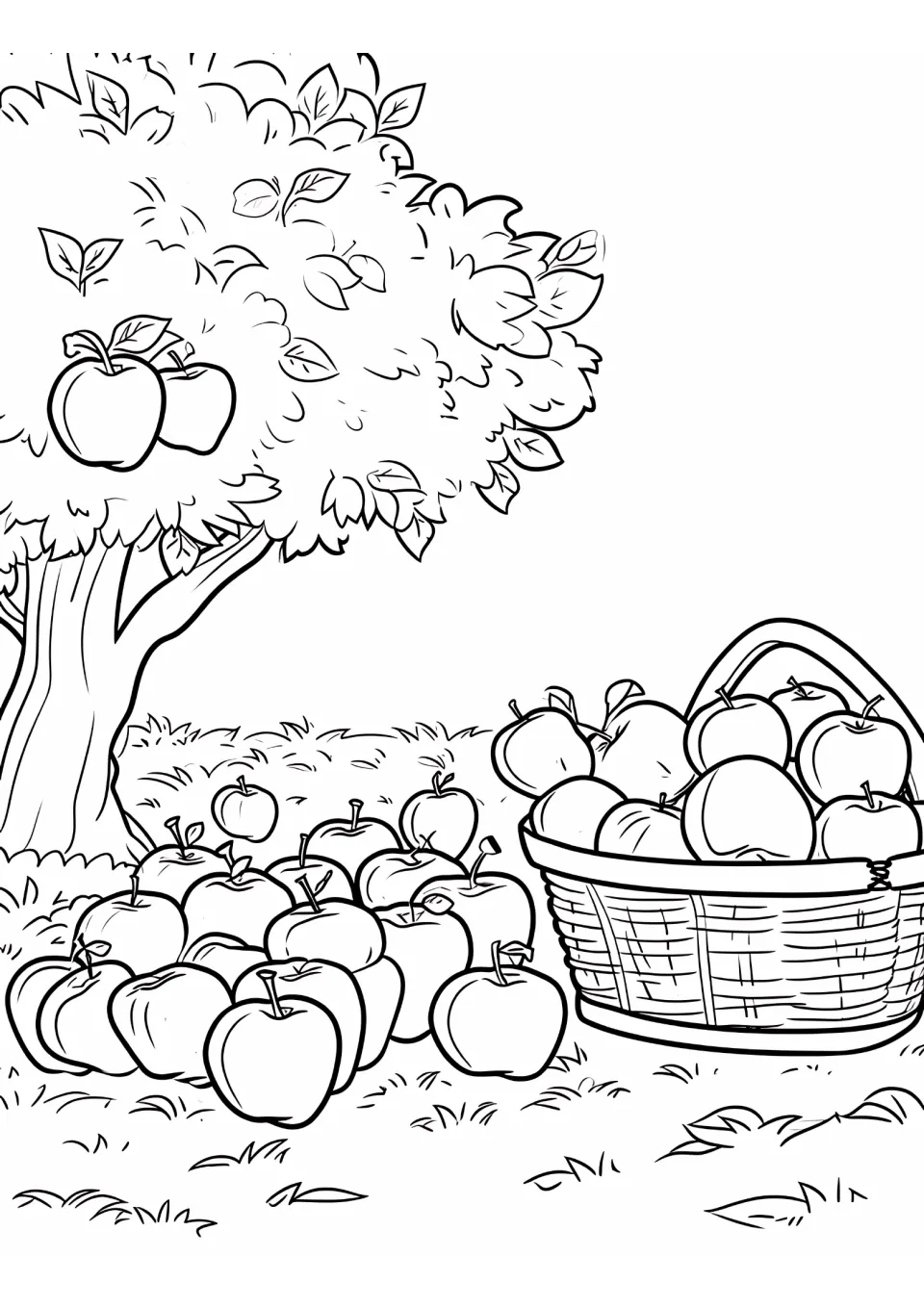 Apple coloring sheet showing a large tree on the left, a pile of fallen apples, and a full basket on the right