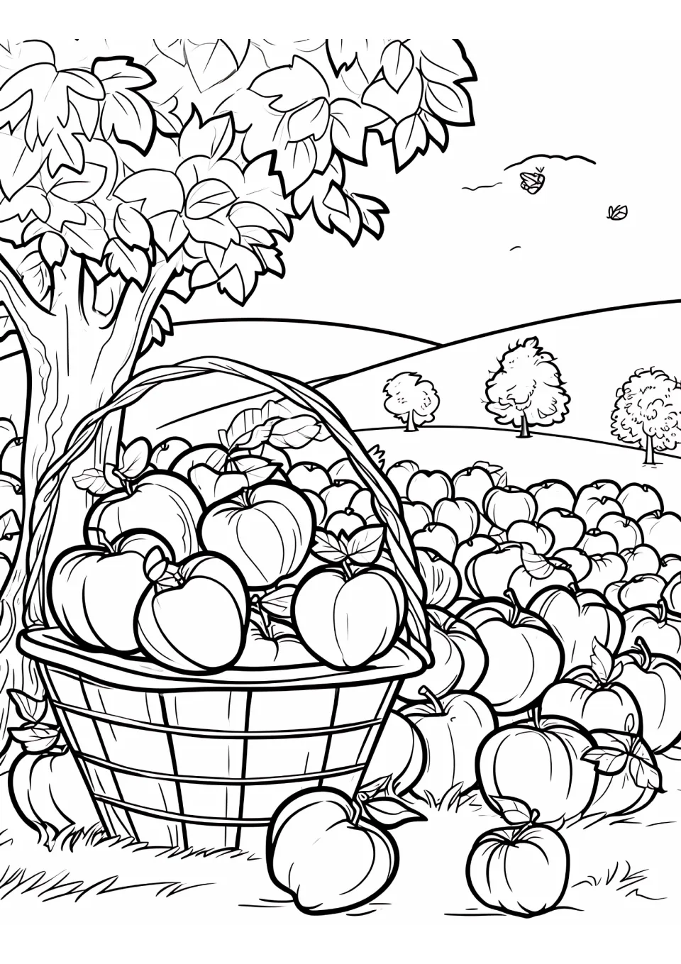 Apple coloring sheet featuring a harvest basket beneath a tree, many loose apples, and distant trees on hills