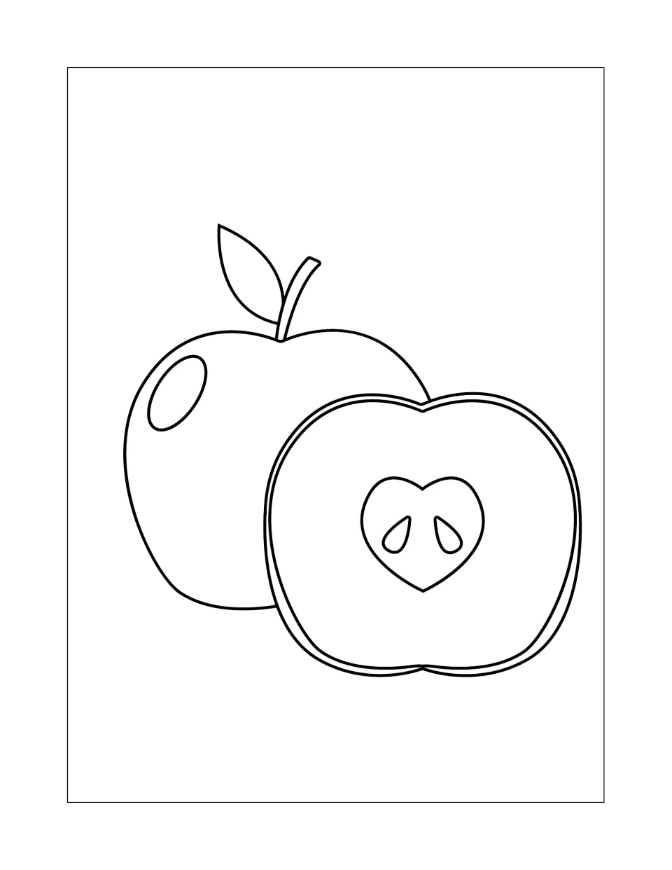 Apple coloring page: students color a whole apple with a leaf beside an apple half showing a heart-shaped core and seeds