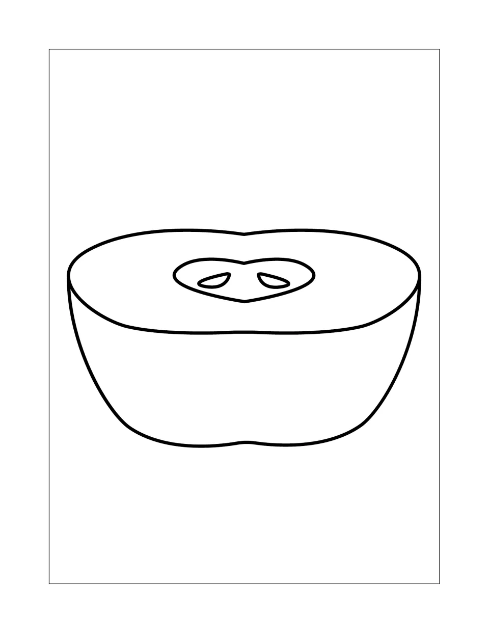 Apple half coloring page: students color an apple cut crosswise, seen from the side, with two seeds on its flat cut top