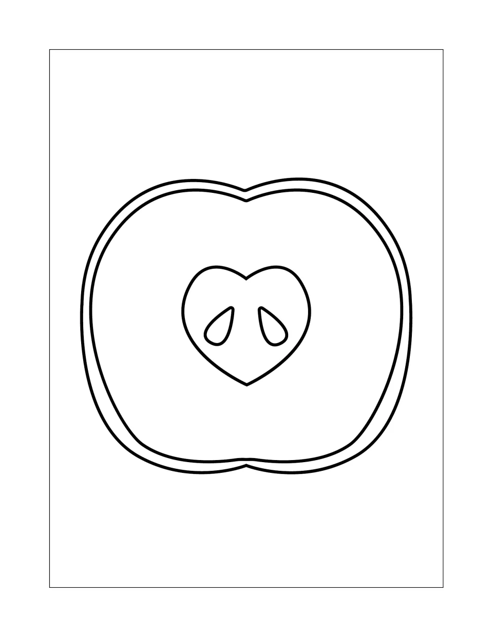 Apple cross-section coloring page: students color one large apple half with a heart-shaped core holding two seeds