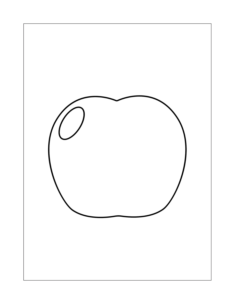 Simple apple coloring page: students color one plain apple shape with a shine spot and no stem or leaf