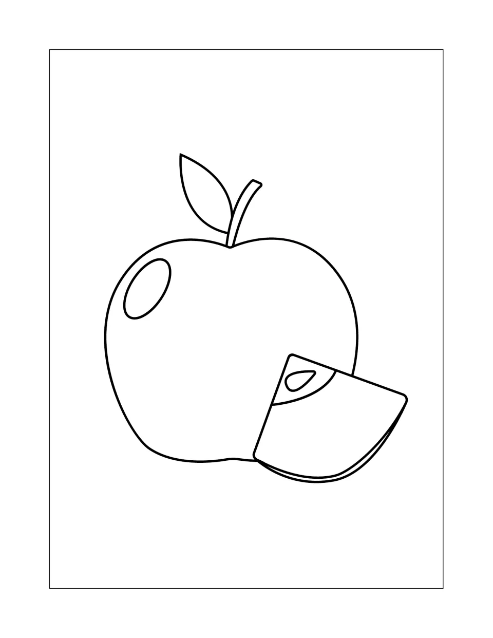 Apple and slice coloring page: students color a whole apple with stem and leaf and a small wedge with one seed in front