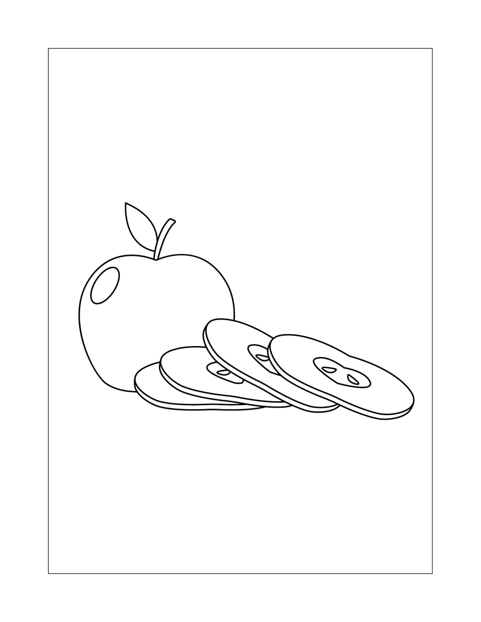 Apple rings coloring page: students color a whole apple next to four round slices laid in a row, each showing seeds