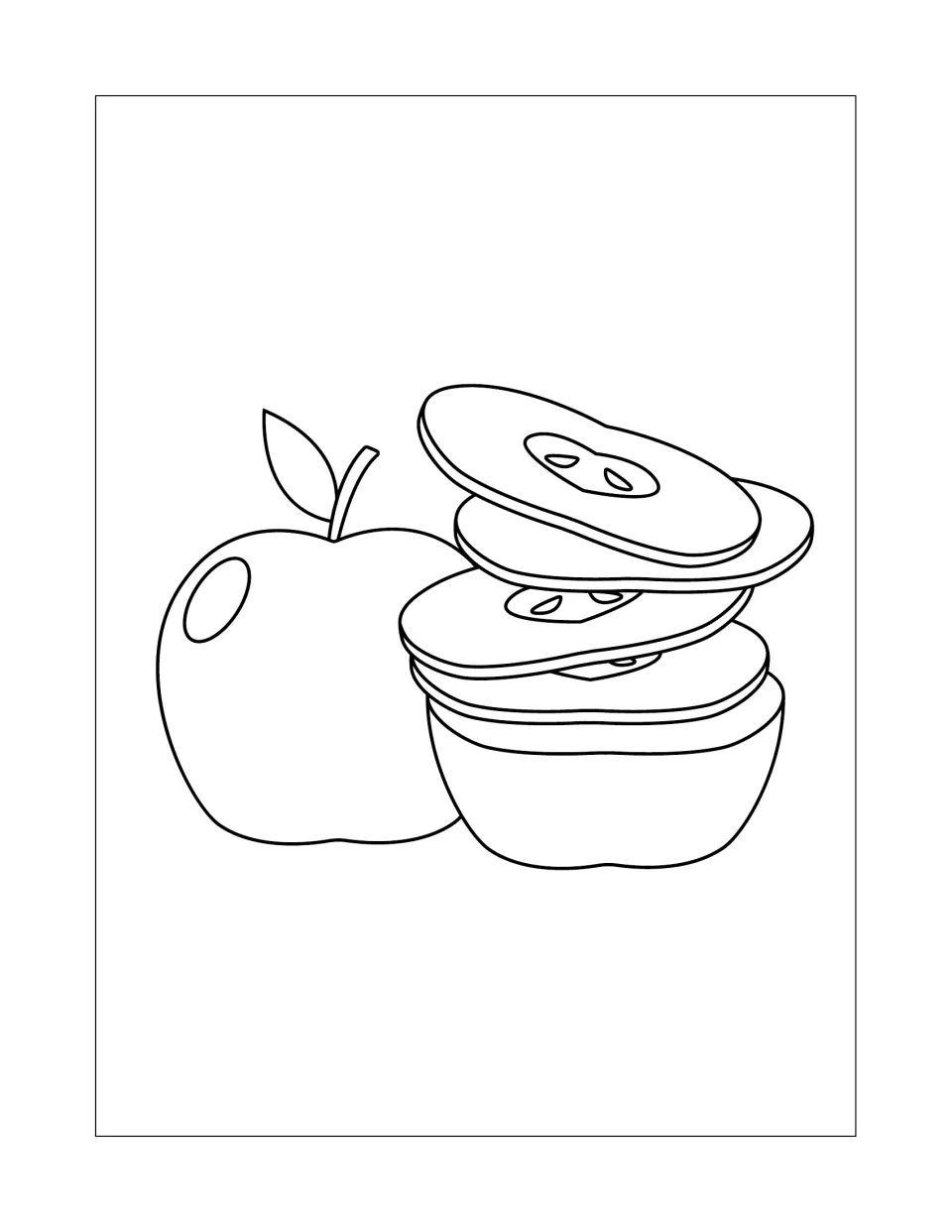 Stacked apple slices coloring page: students color a whole apple beside a pile of slices resting on the bottom half
