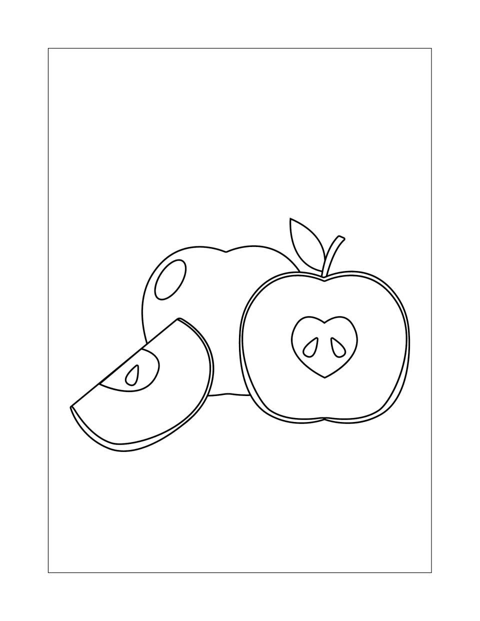Apple trio coloring page: students color a whole apple, a seeded wedge and a half with a stem and heart-shaped core