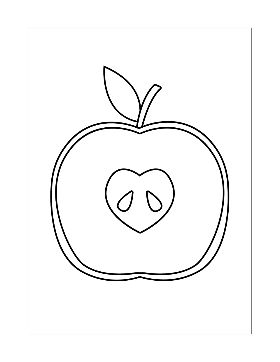Apple half with stem coloring page: students color one large cut apple with a leaf and a heart-shaped core with two seeds