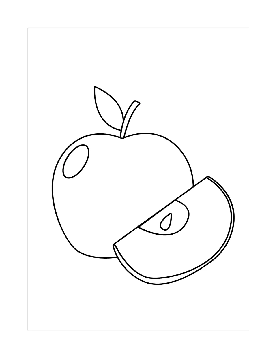 Apple and big wedge coloring page: students color a whole apple with a leaf and a large slice with one seed in front