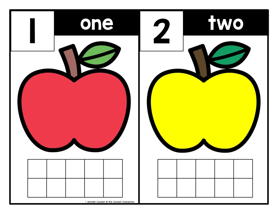 Apple counting mats for 1 (one) and 2 (two), pairing numerals and number words for counting practice.
